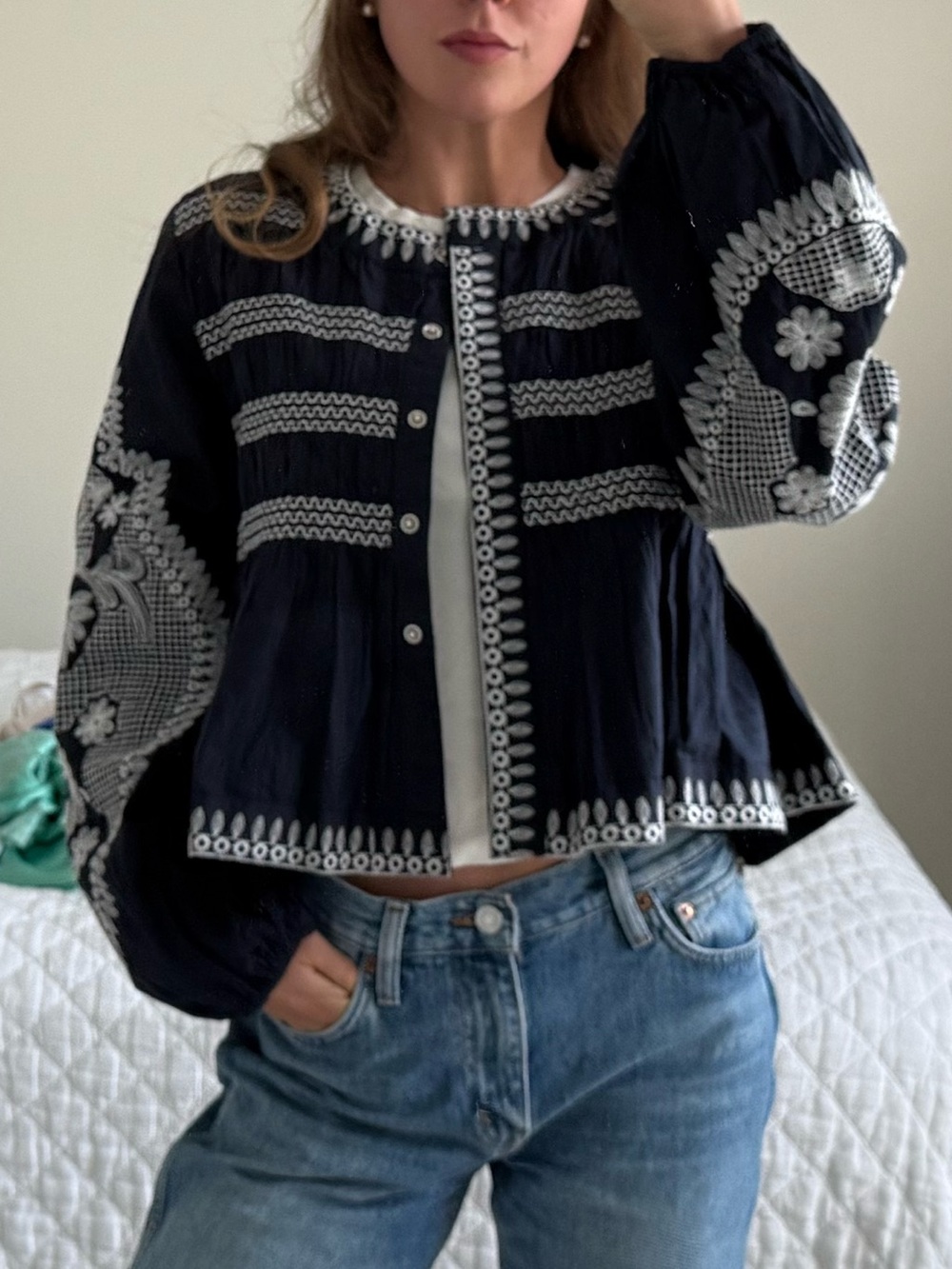 Avec Les Filles Navy Blue Embroidered Peasant Jacket - Picture 1 of 2